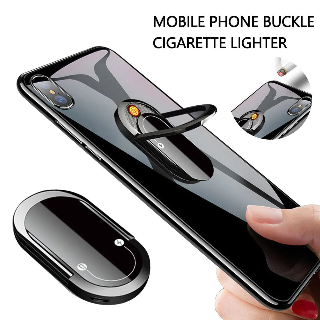2 in 1 USB plasma lighter and mobile phone holder in aluminium alloy, black ice colour, with ring buckle and USB charging cable
