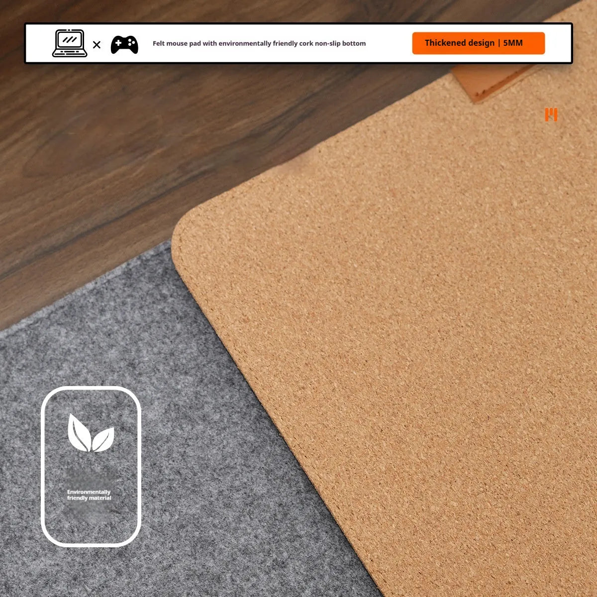 Grey felt-cork office desk mat in Japanese minimalist style on wooden desk
