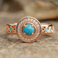 Women's turquoise ethnic style copper ring with rose gold finish and micro inlaid zircon geometric design