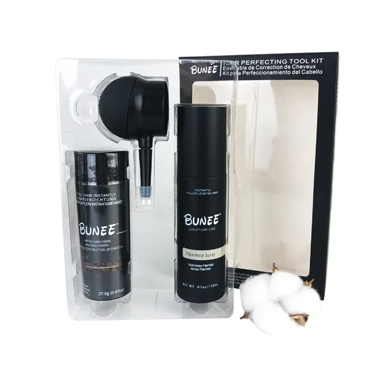 Three-piece hair fibre thickening set: powder canister, nozzle applicator, and shaping spray