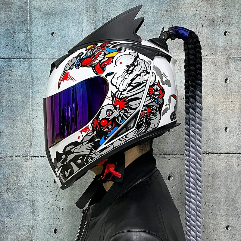 Couples' Dirty Braids full face motorcycle helmet in Black Clown graphic style on a white background.