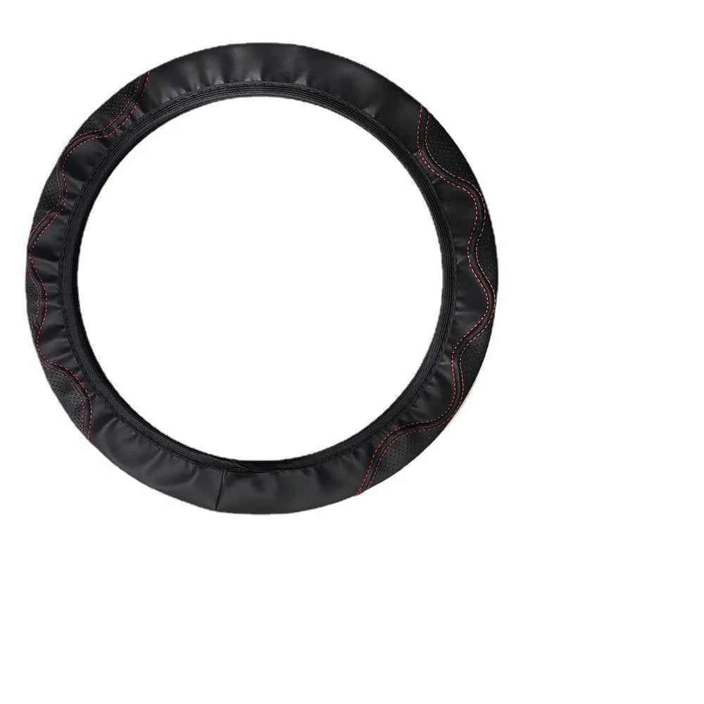 Black and red no-inner-ring PU leather elastic steering wheel cover for 37-38cm diameter wheels.