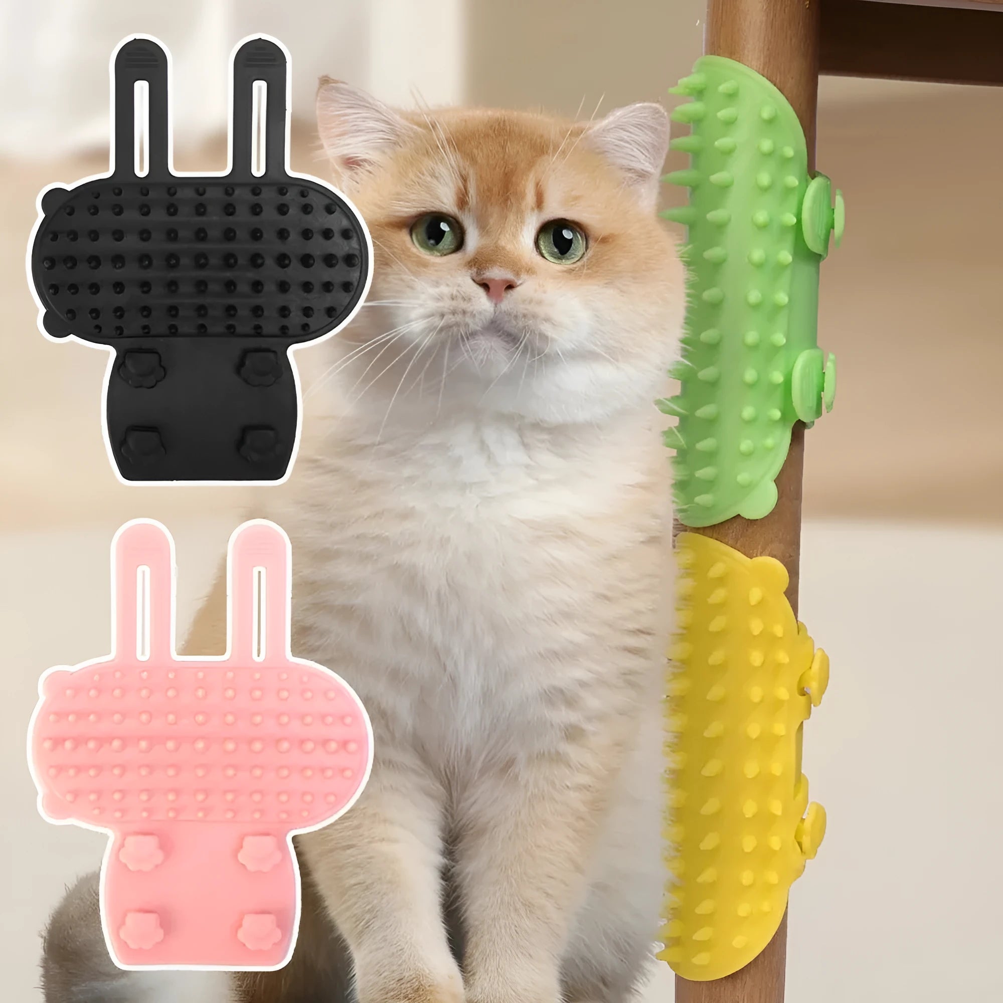 Silicone wall-mounted cat grooming brush with comb teeth and adjustable strap for table legs.