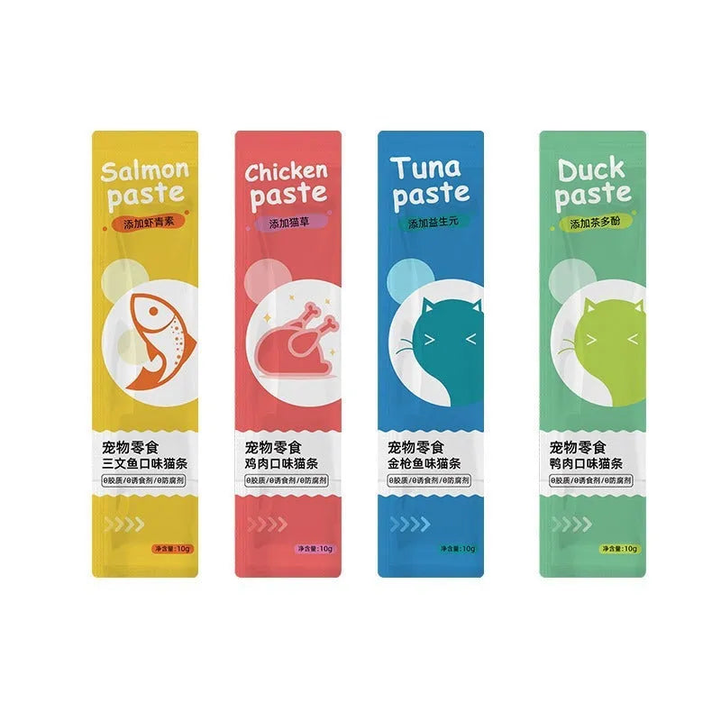 Pack of 10 cat snack strips for kittens in four flavour varieties