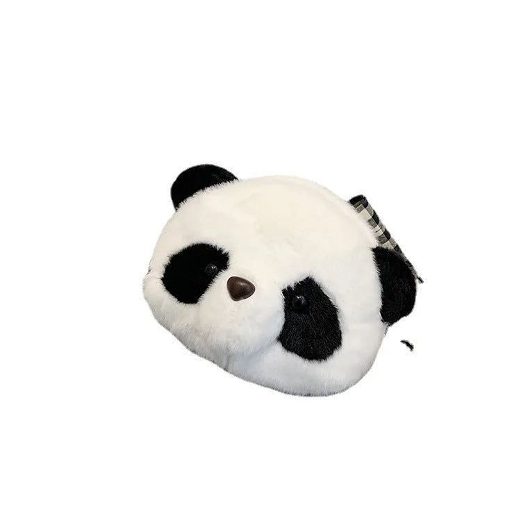 Panda head design plush crossbody bag with cylindrical shape and sandwich pocket