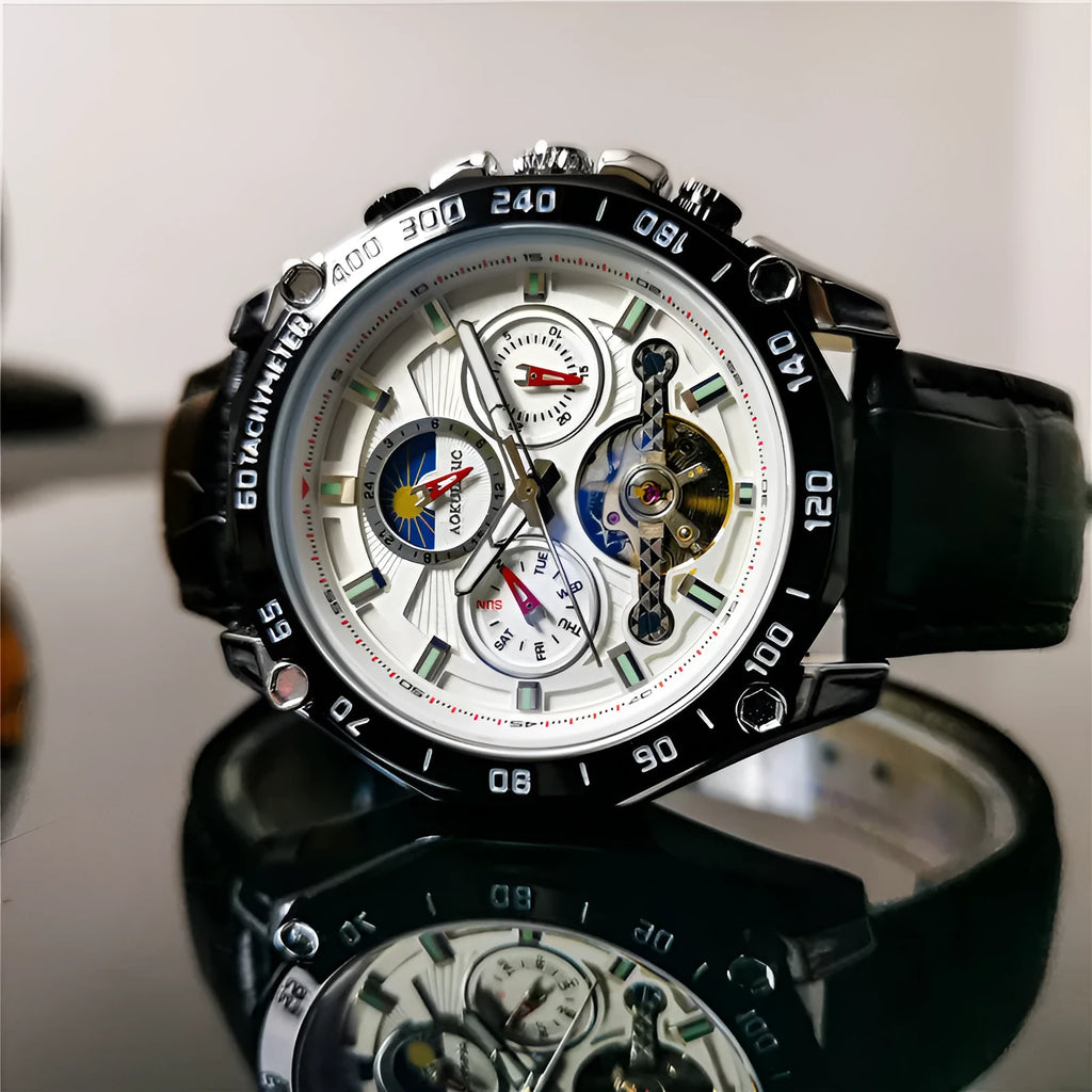 Men's stainless steel automatic mechanical watch showing 12mm thickness and available colour combinations