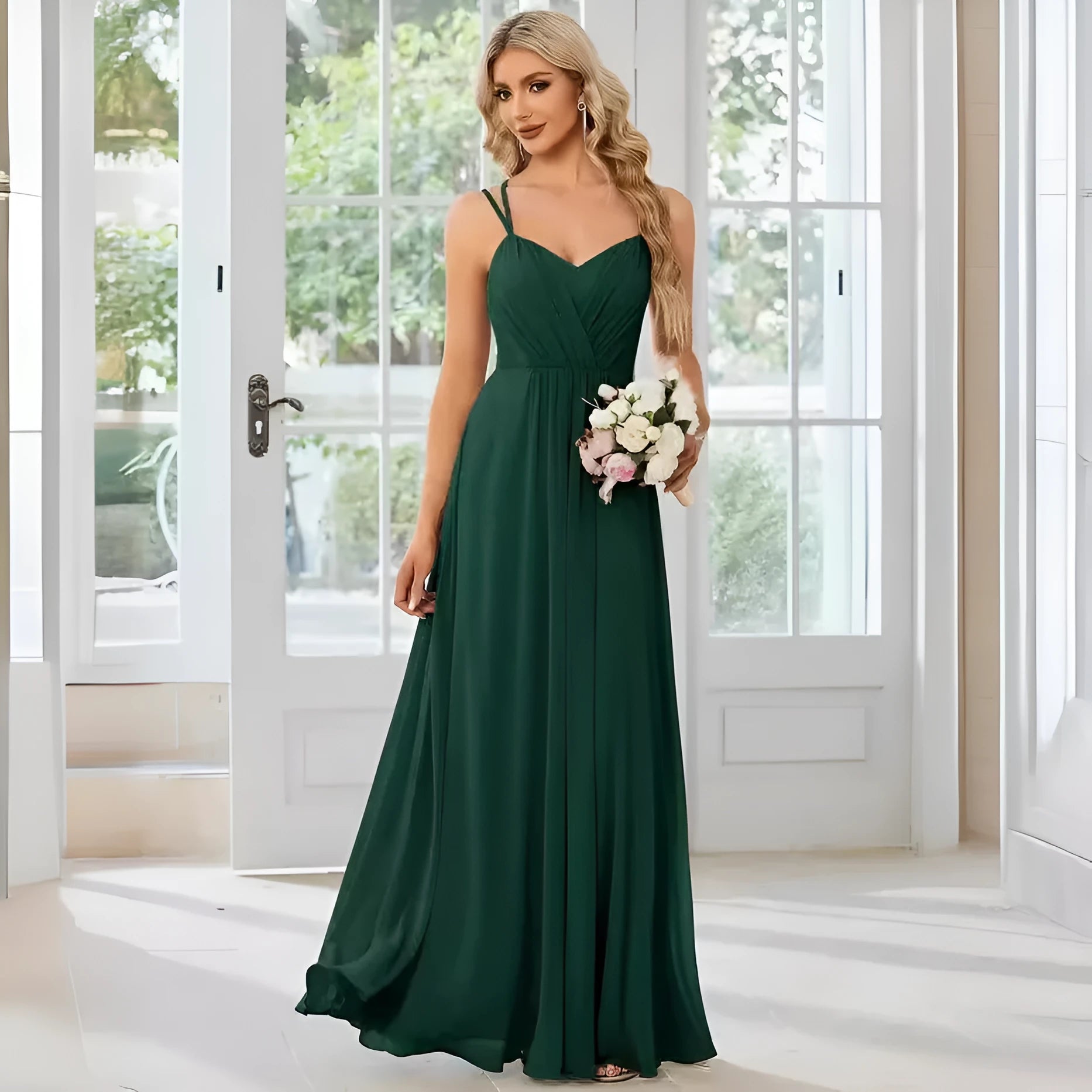 A sleeveless light green women's dress with a pleated A-line long skirt on a mannequin.