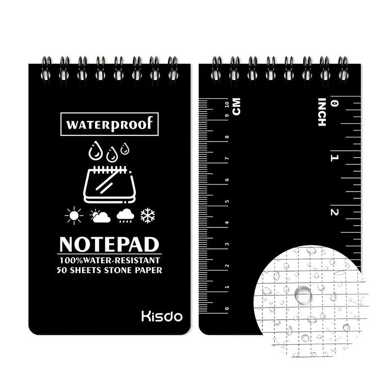 Spiral-bound waterproof office notepad with PP cover, open to show stone paper pages.