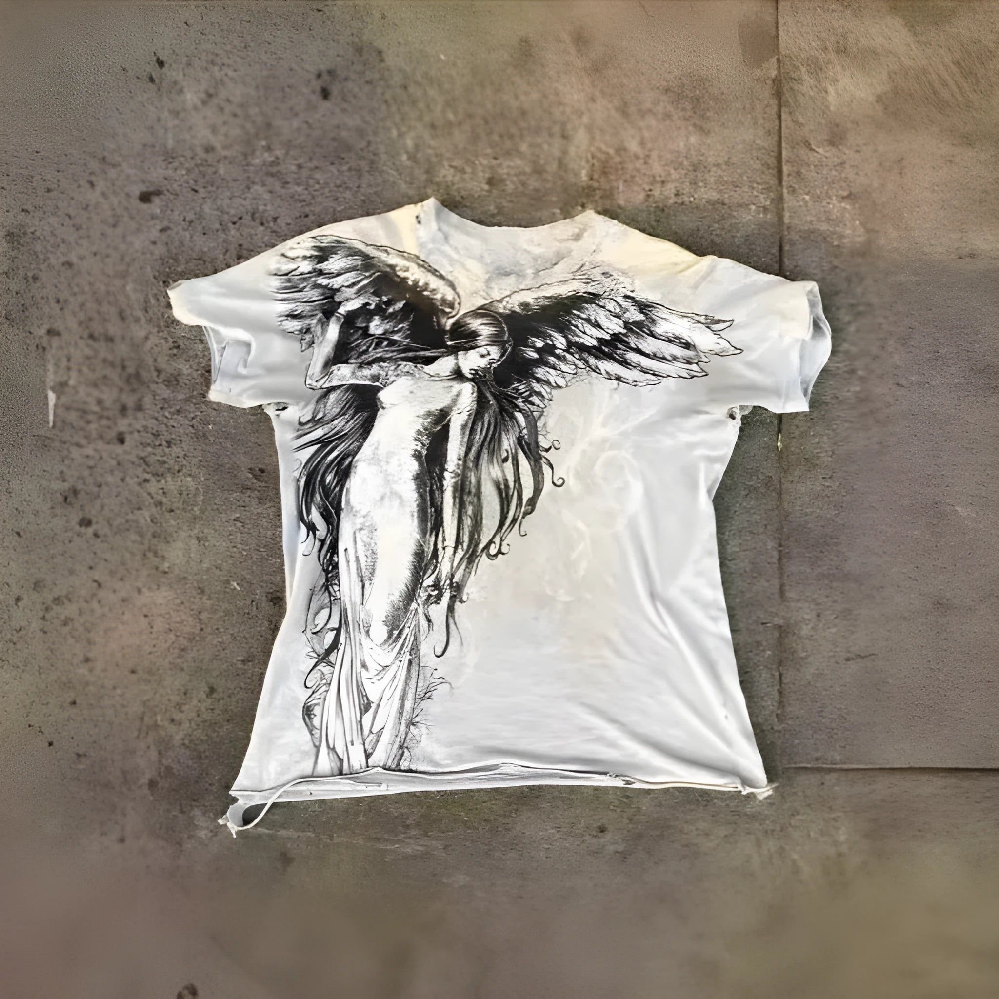 Men's grey Gothic cartoon print short sleeve polyester top shown on a hanger.