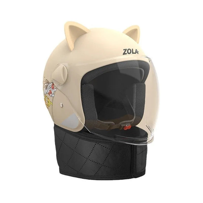 Blue winter electric bicycle helmet with attached ear scarf and a clear anti-fog visor.
