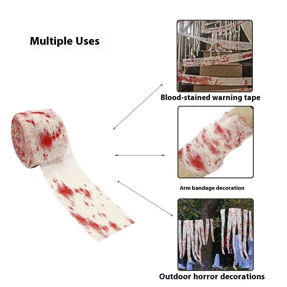 Roll of red dyed polyester gauze bandage for Halloween horror costumes and decorations.