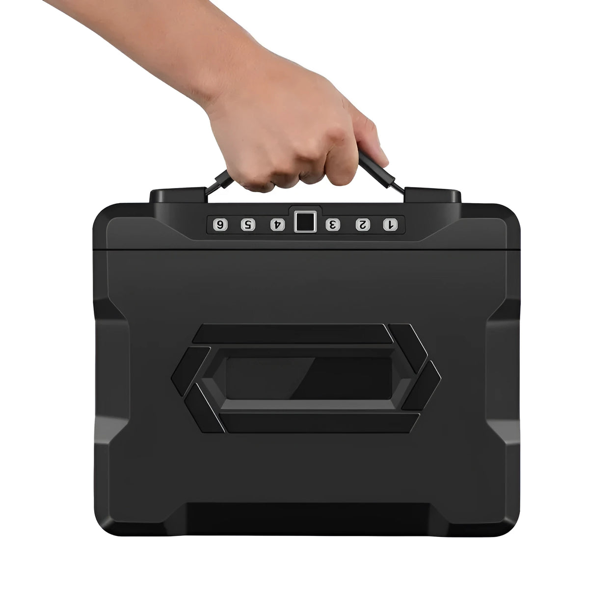 Portable small metal safe with a mechanical combination dial on the front.