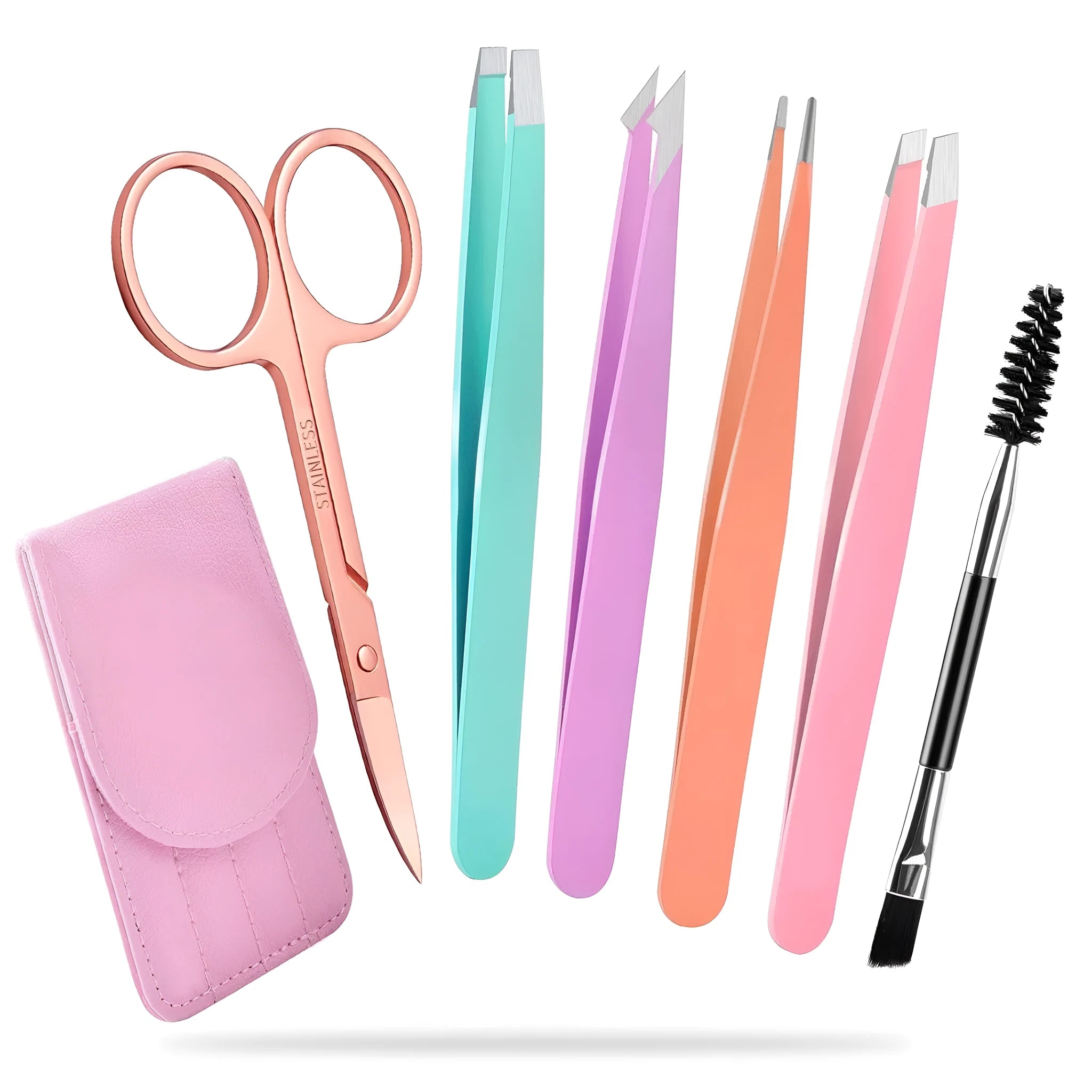 Professional six-piece stainless steel eyebrow tweezer set with curved scissors and brush in a leather case