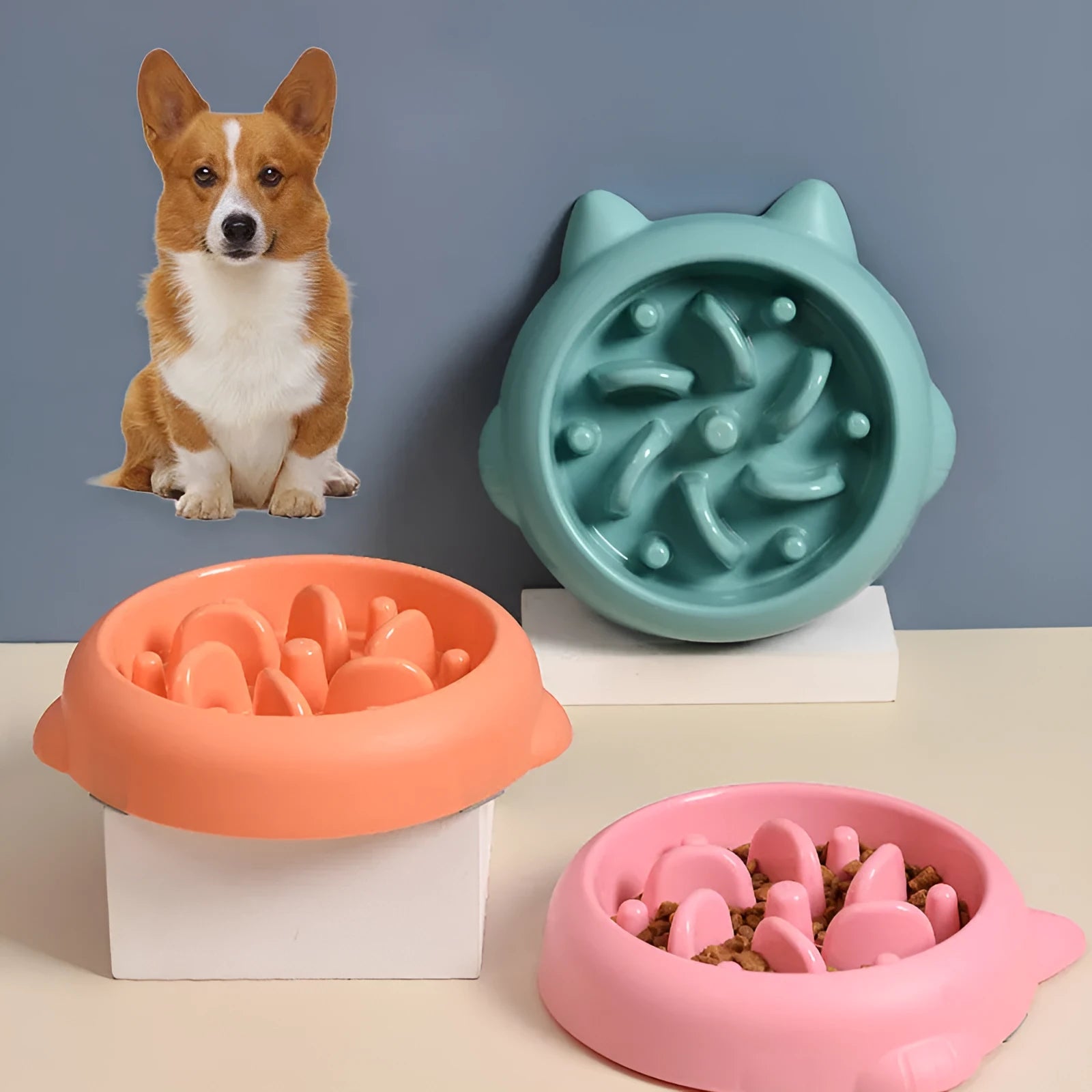 Green bone pattern pet slow feeder bowl made from PP plastic for dogs and cats