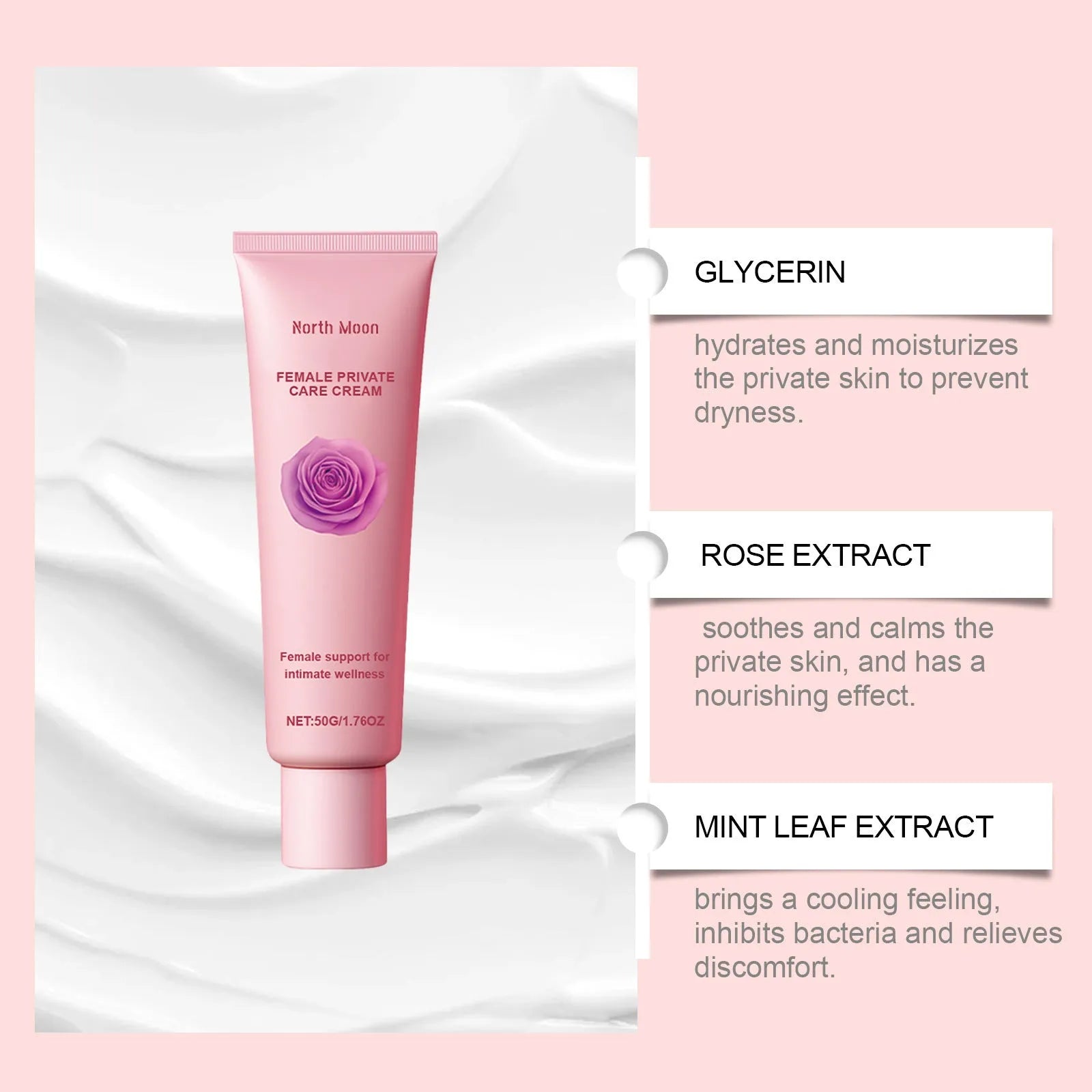 50g container of rose and peppermint moisturizing cream for body care