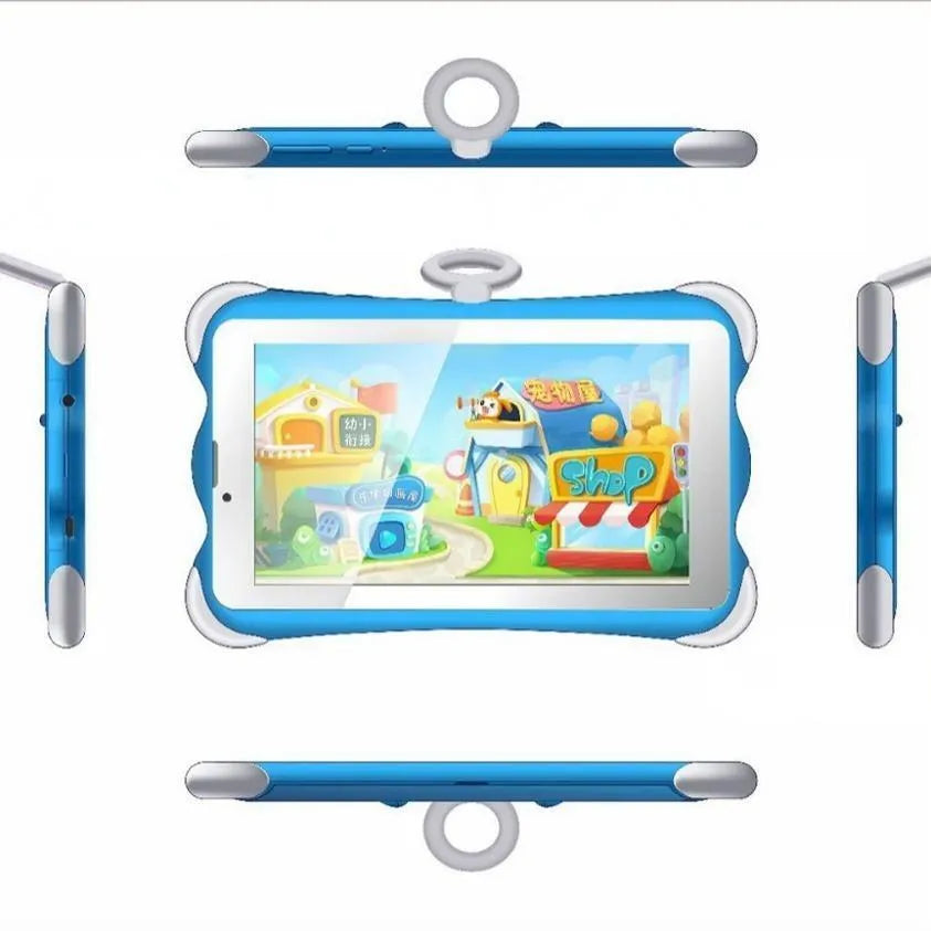 Cartoon-coloured 7-inch children's learning tablet with integrated stand shown in use.