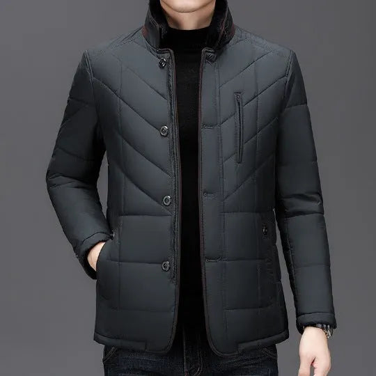 Men's solid colour winter short coat with side seam pockets available in dark blue, wine red, and dark green
