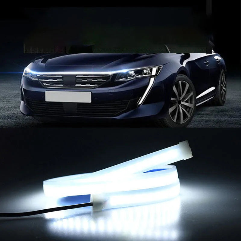 Flexible PVC LED strip light installed on a car engine cover showing white and red glow options