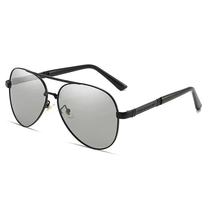 Men's metal frame polarised sunglasses in gold, black and silver colours with grey or colour-changing lenses