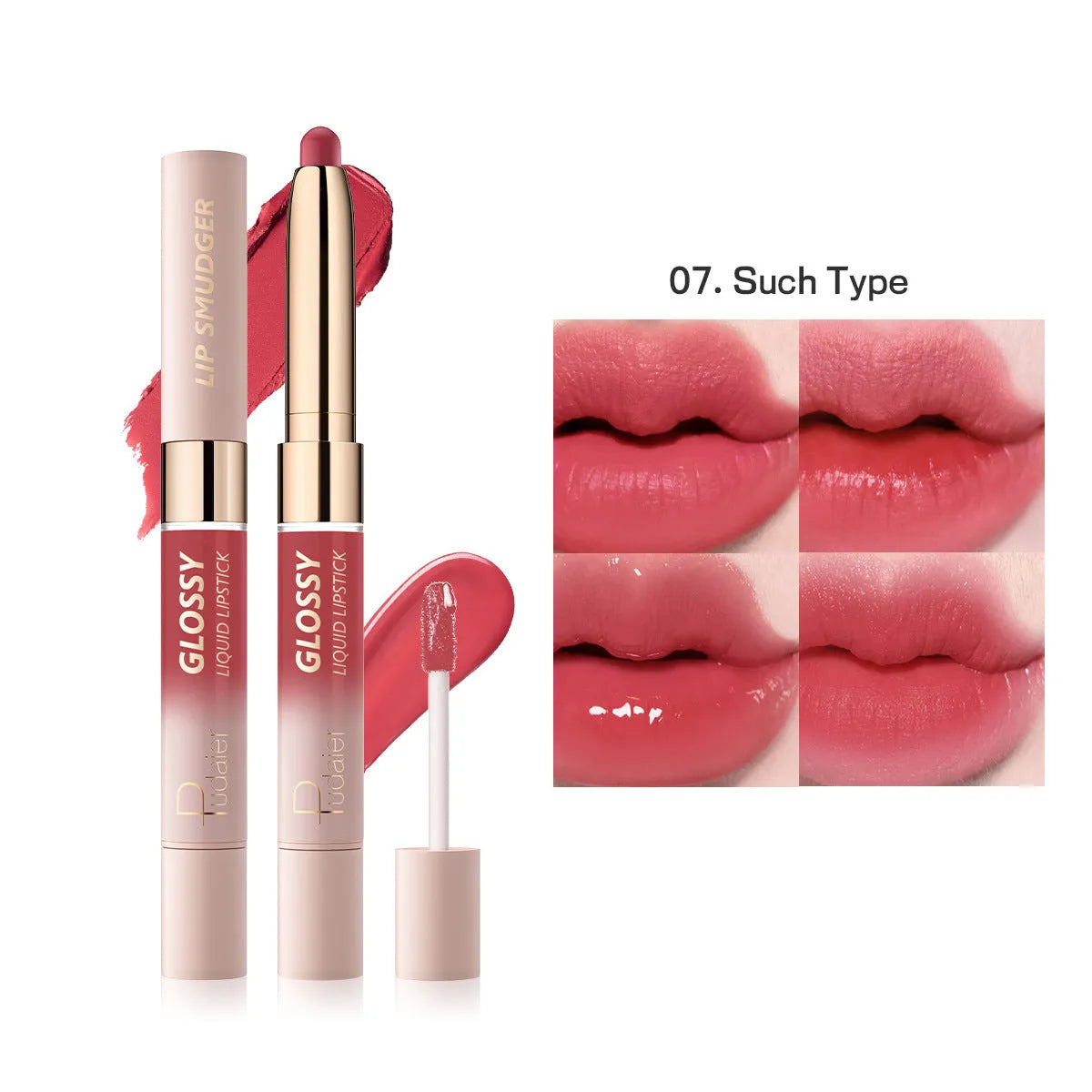 Double-headed lipstick and lip gloss product showing matte colour and gloss components