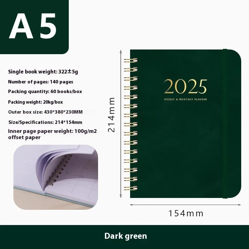 A5 size PU leather notebook with metal coil binding in a choice of colours including black, blue, brown, and pink.