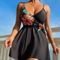 Women's black high waist briefs printed split bikini for athletic activities