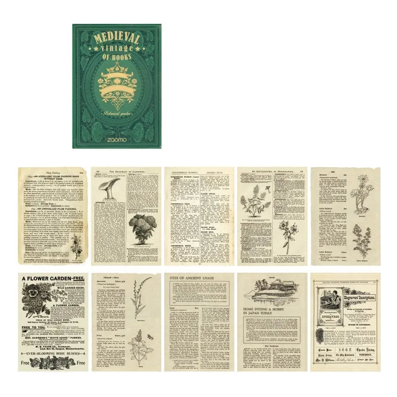 Pack of A5 greeting cards showing eight different artistic colour designs including botanical gardens and distant letters.