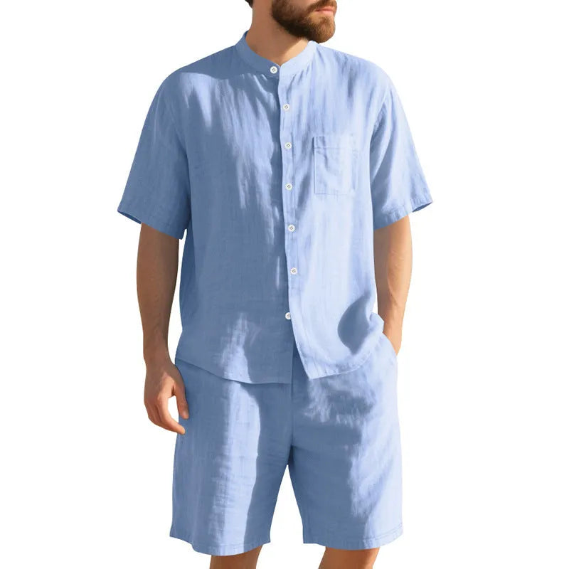 Men's linen two-piece summer suit with Henry collar jacket and matching shorts in light blue colour