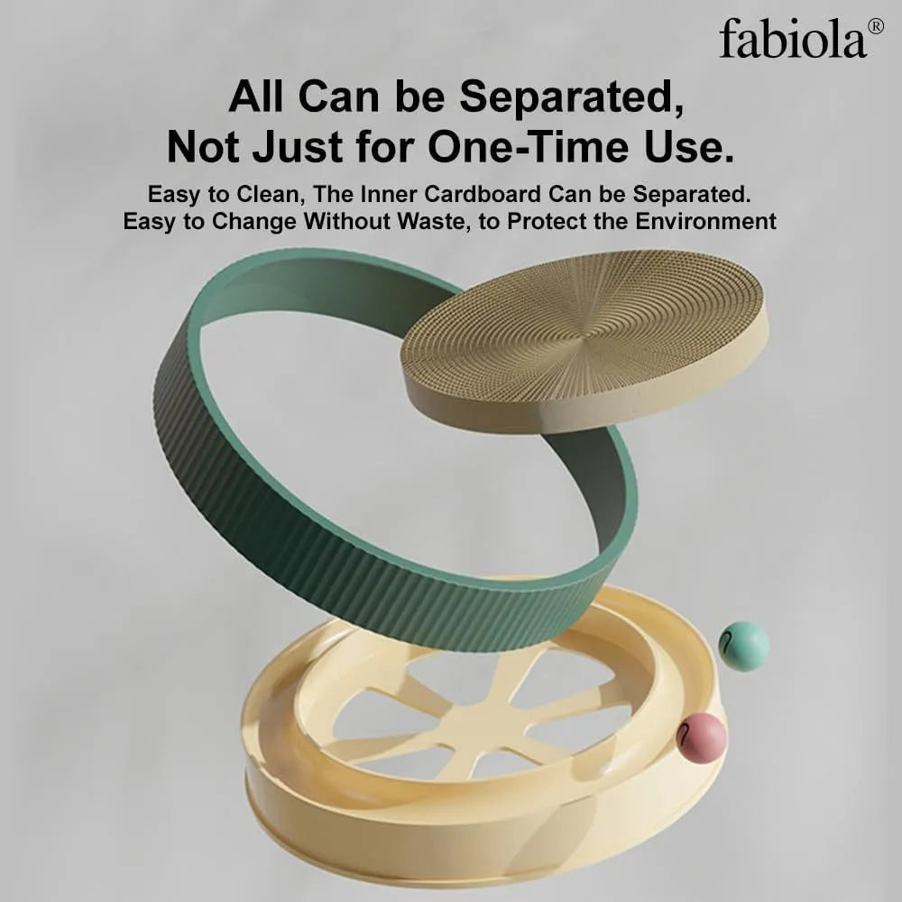 Large circular cardboard cat scratching board with integrated ball toys and replaceable core