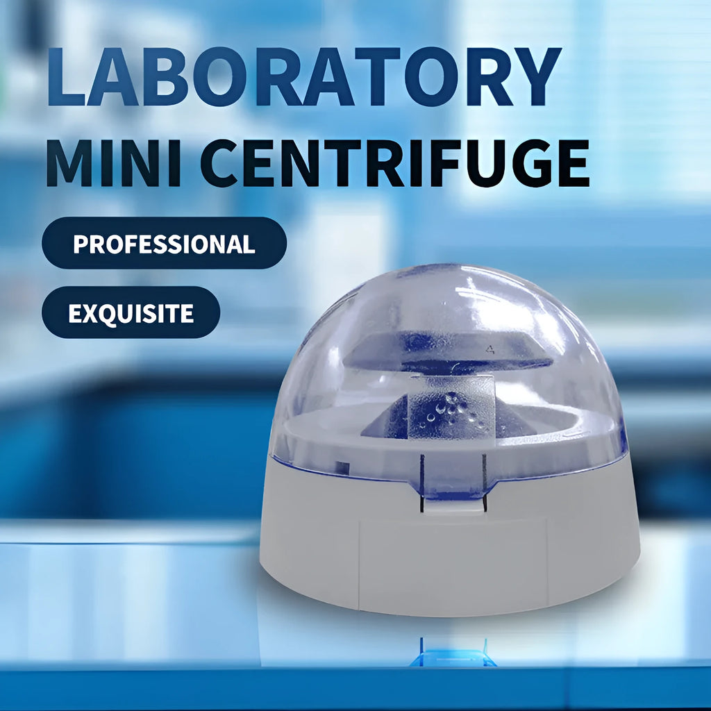 Mini laboratory centrifuge with 7000 RPM capability and compact rectangular design