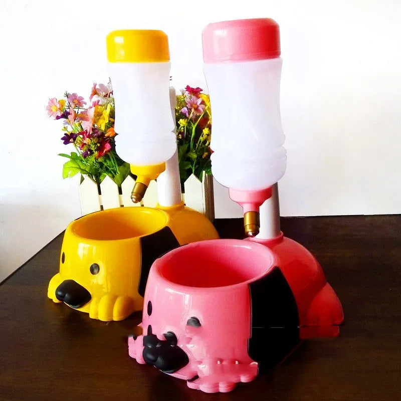 Adjustable pet drinking bowl with rod lifting system showing height adjustment up to 42cm