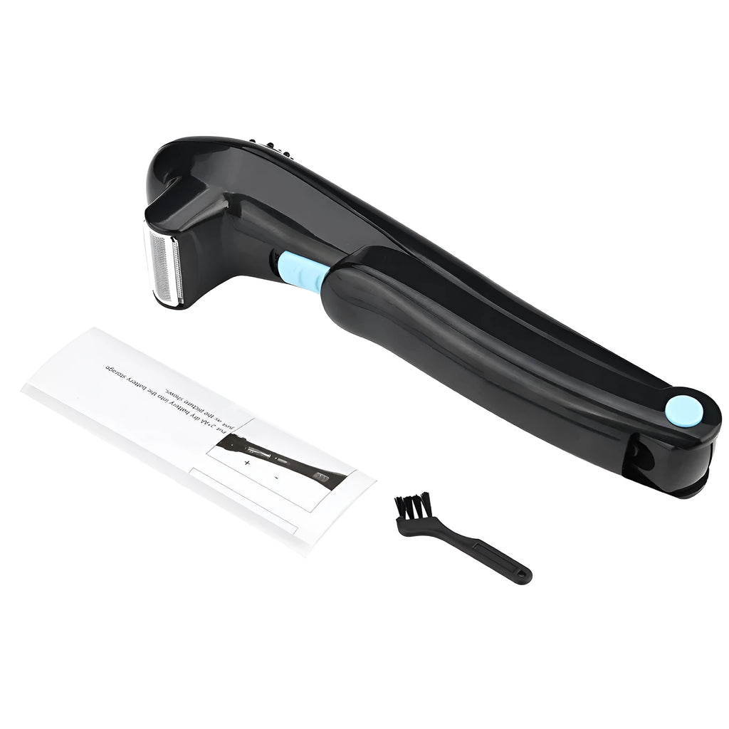 Black folding electric body shaver on a white background.