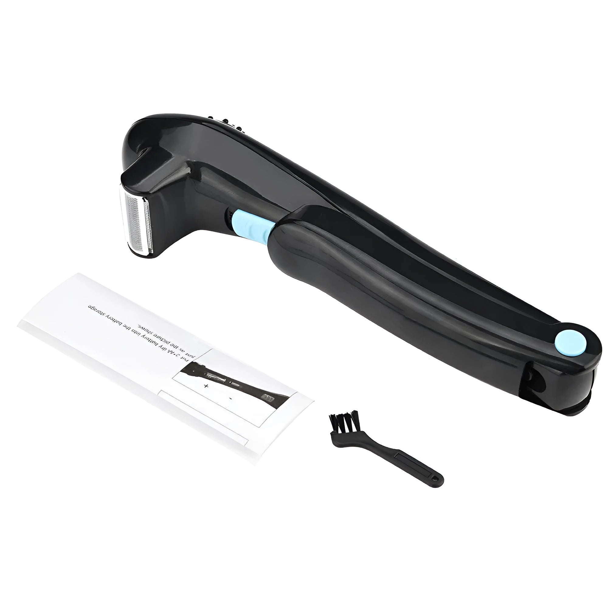 Black folding electric body shaver on a white background.