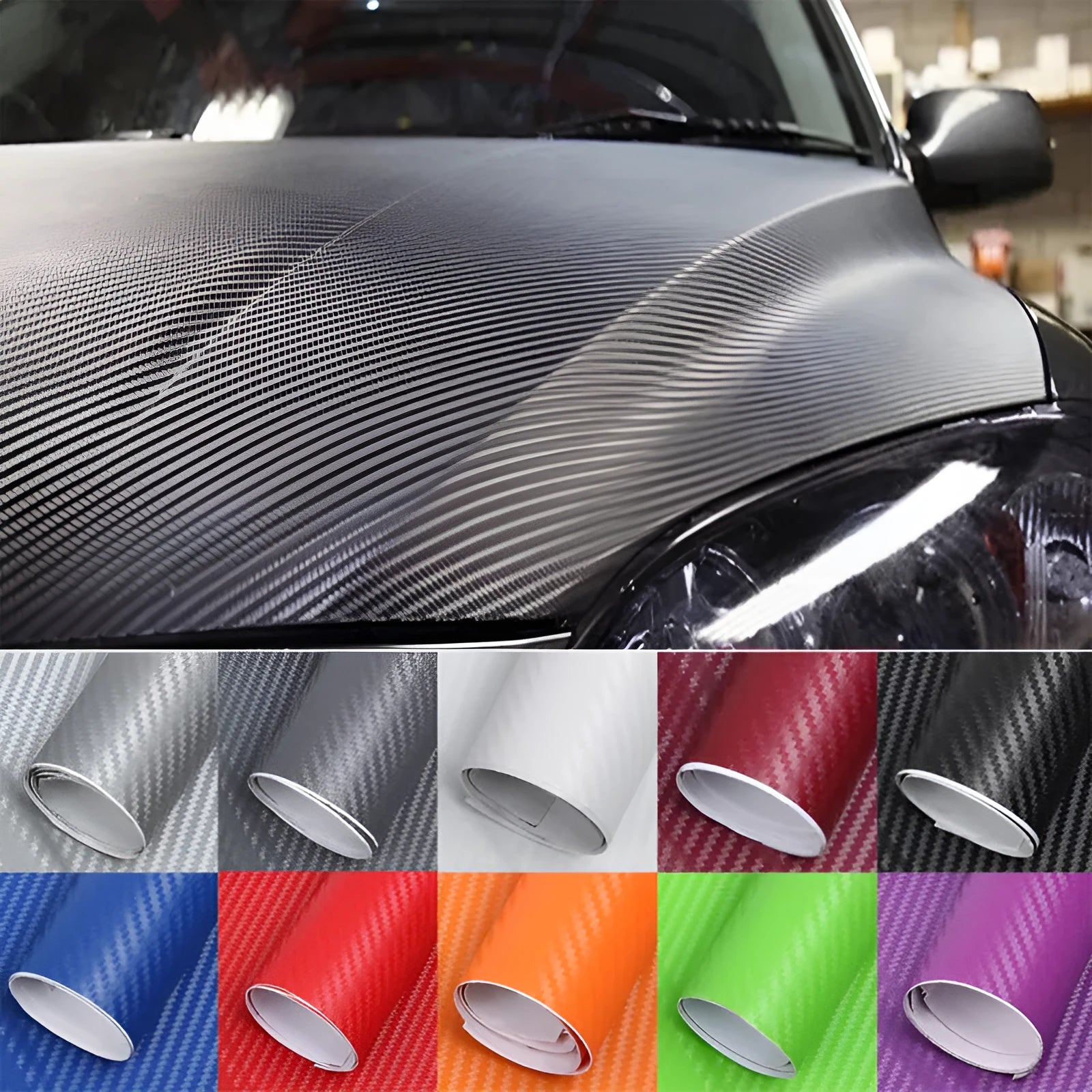 Roll of black 3D carbon fibre texture adhesive sticker for car decoration, showing textured pattern.