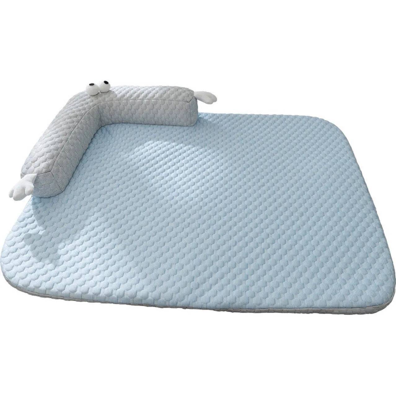 Blue and yellow monster face design pet bed for dogs and cats on a wooden floor