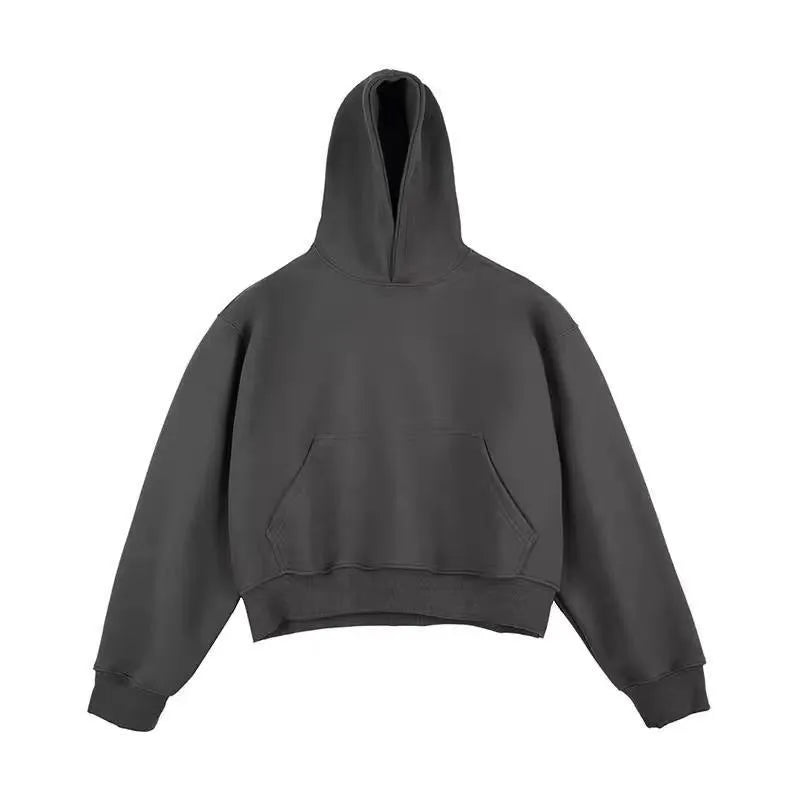 Short version Chinese cotton composite hooded sweater in dark grey with removable hood and long sleeves.
