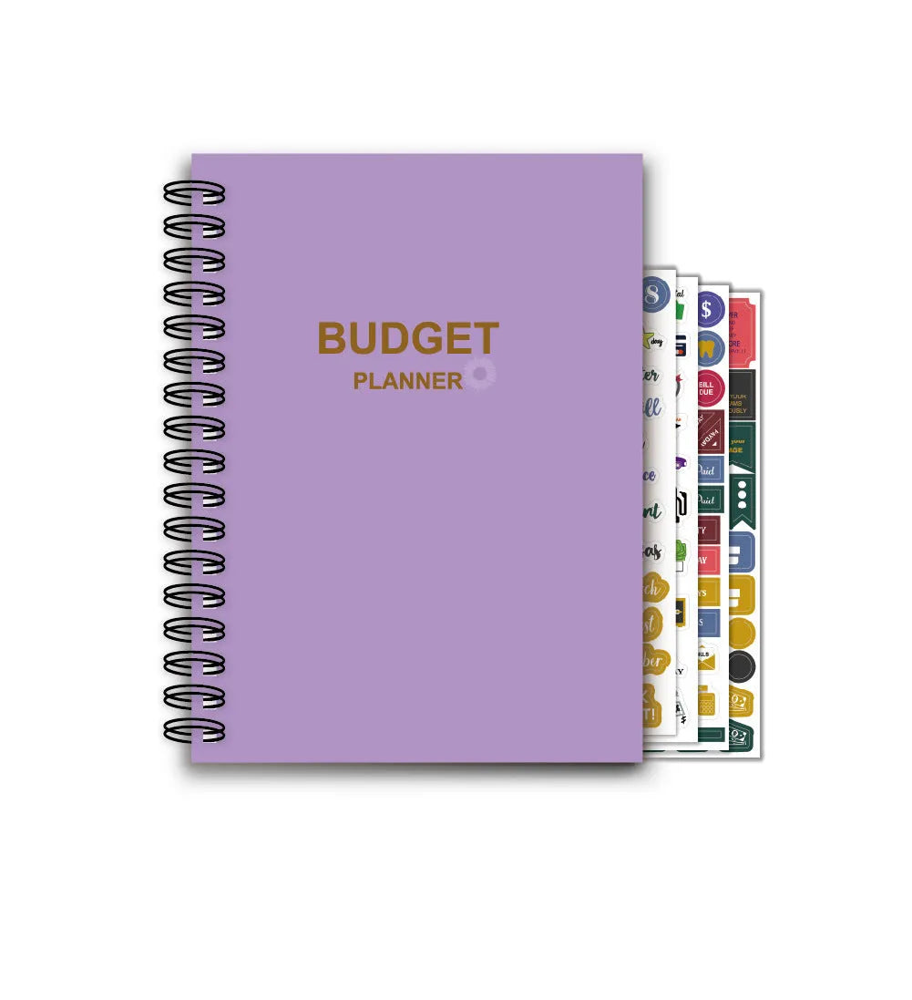 J12 Purple coil-bound financial planning notebook with Daolin paper, pen, stickers, and paper clips for monthly budgeting