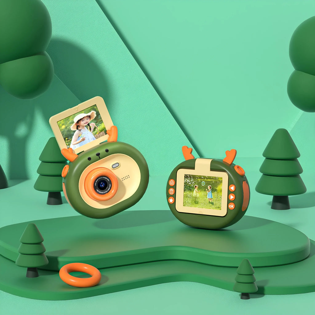 Purple and dark green children's digital camera with flip screen, silicone case lanyard, and accessories