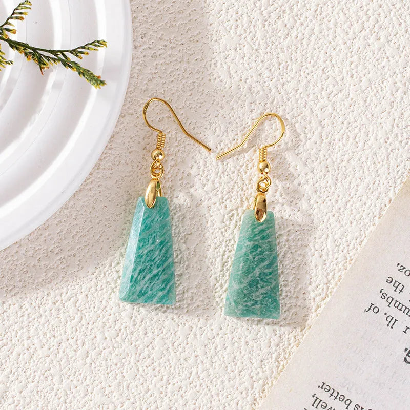 Amazonite geometric trapezoid earrings with octagon and quadrangle elements in gold or silver tone