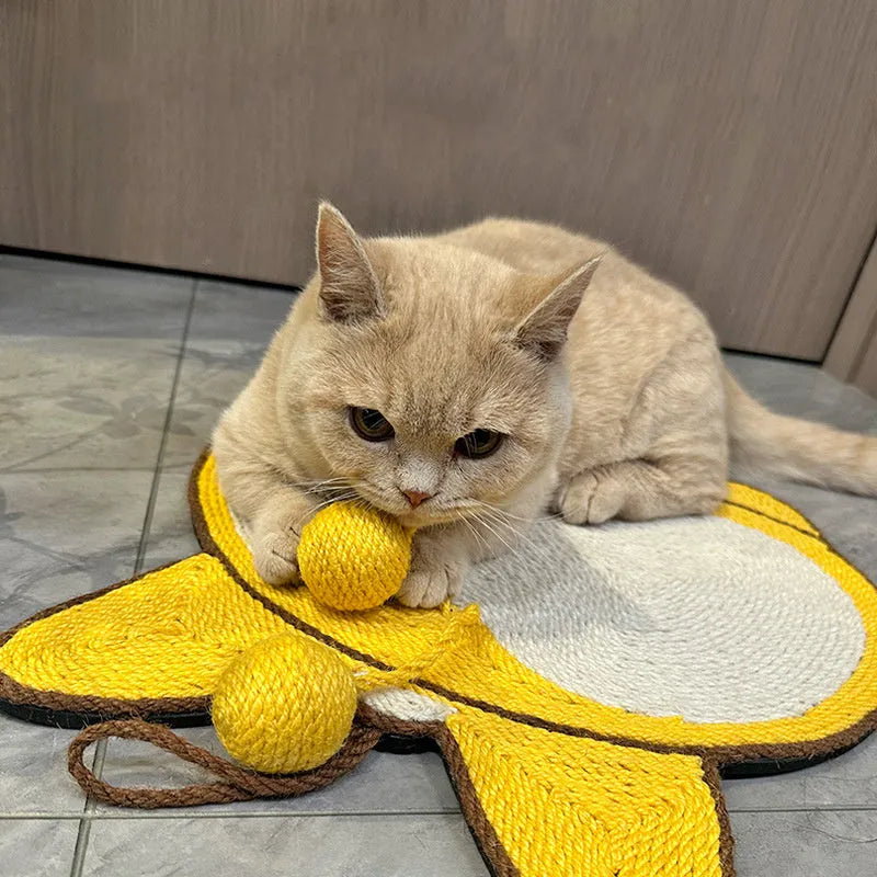 Yellow corgi-themed cat scratching board with sisal surface and anti-slip base measuring 37 by 40 centimetres