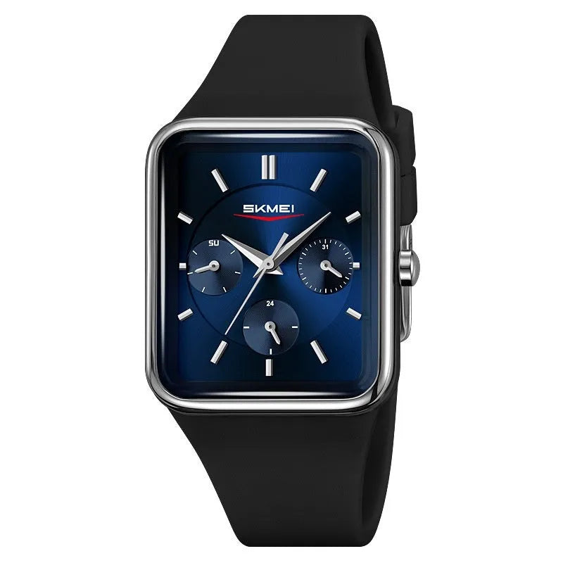 Square silicone waterproof watch for girls showing multiple colour options including white rose gold and black blue