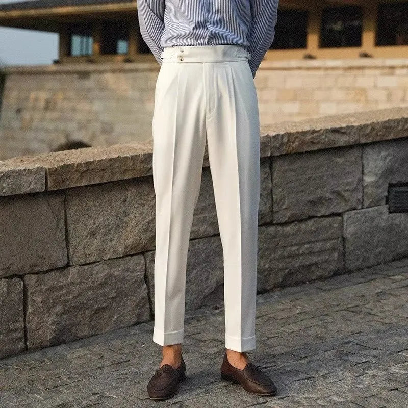 Men's slim fit straight leg trousers in chemical fibre blend fabric for business formal wear