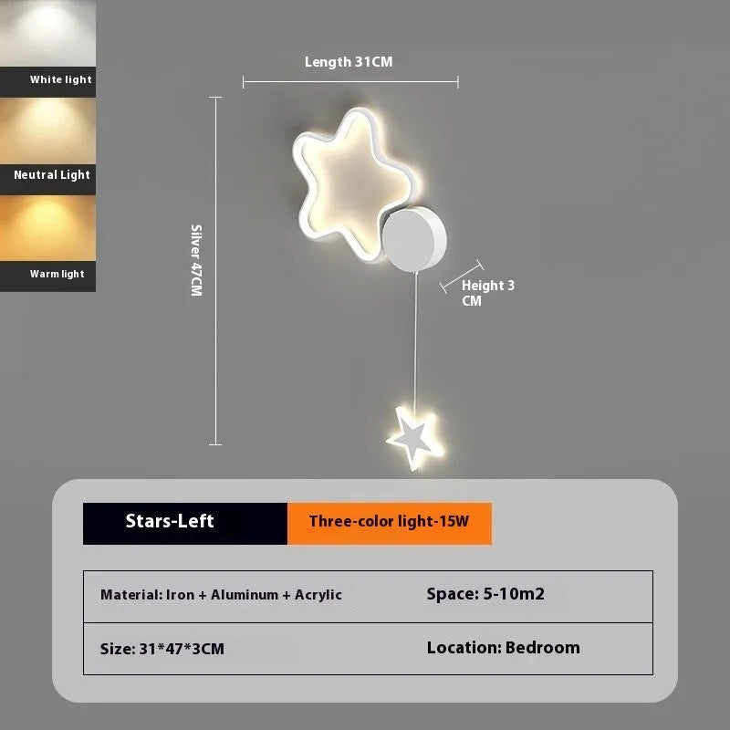 Cartoon cloud, moon and five-pointed star shaped bedside wall lamp for a children's bedroom in black or white.