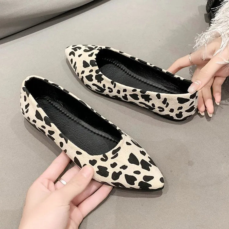 Women's leopard print flat pointed toe pumps with low heel on a rubber sole.