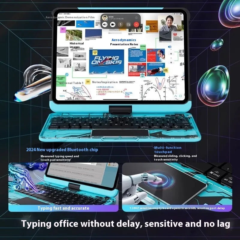 Blue PC keyboard protective case for iPad Pro 11-inch tablet showing mute function button.