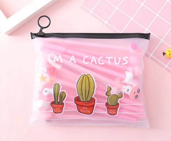 Marvel series cartoon cactus pen set with 20 black 0.5mm pens in plastic case