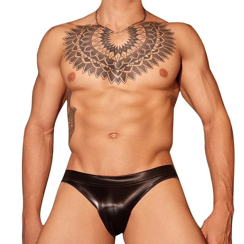 Men's black and white shark skin lace briefs in free size showing small hip fit.