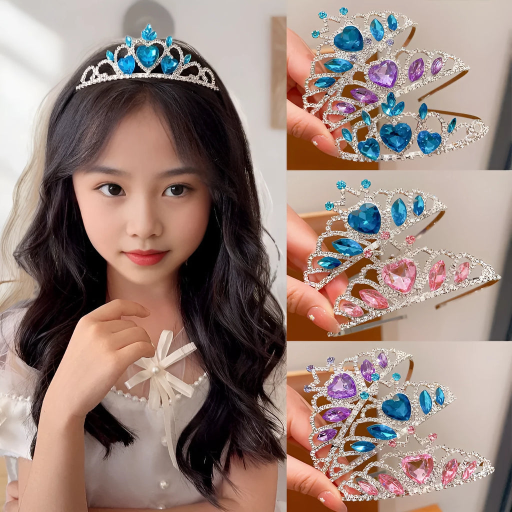 Children's alloy hair band with crystal crown in pink, light blue, or light purple.