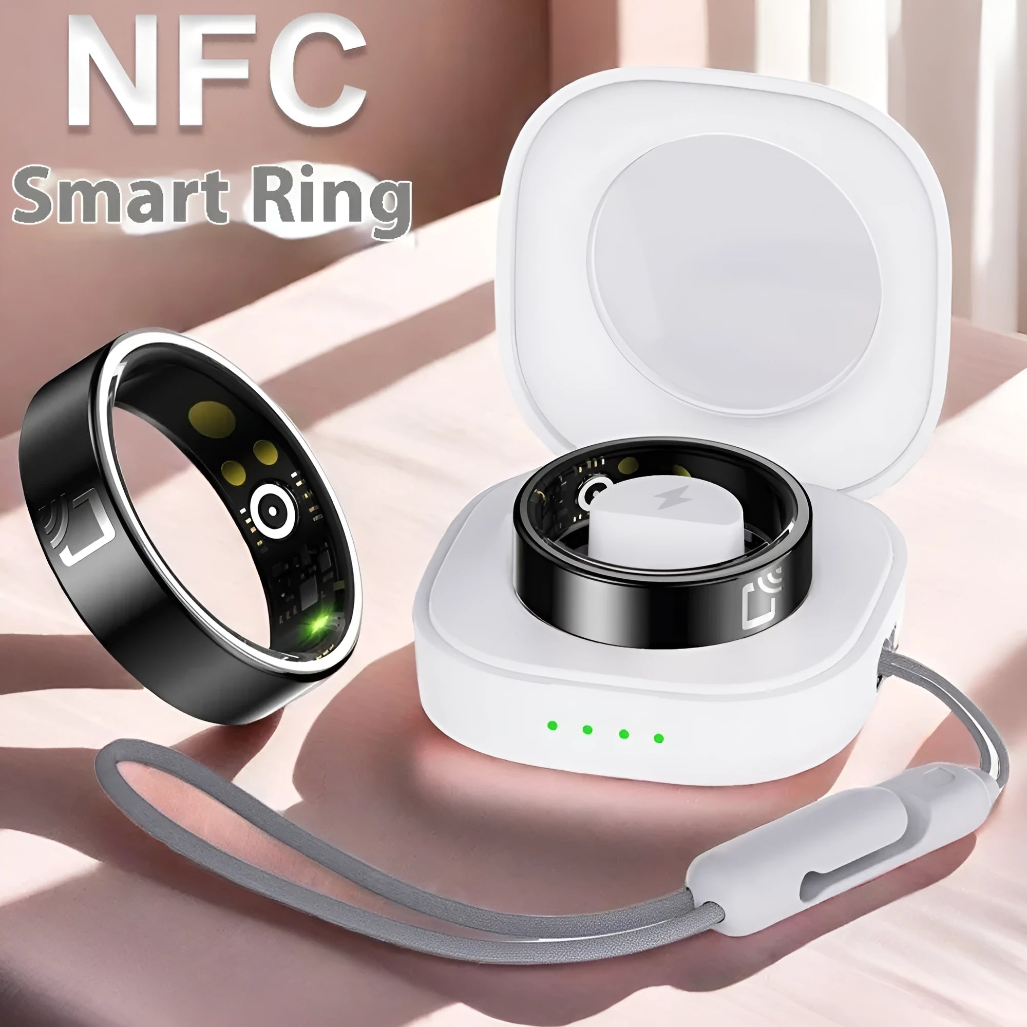 Black ceramic smart ring for heart rate and blood oxygen monitoring on a finger