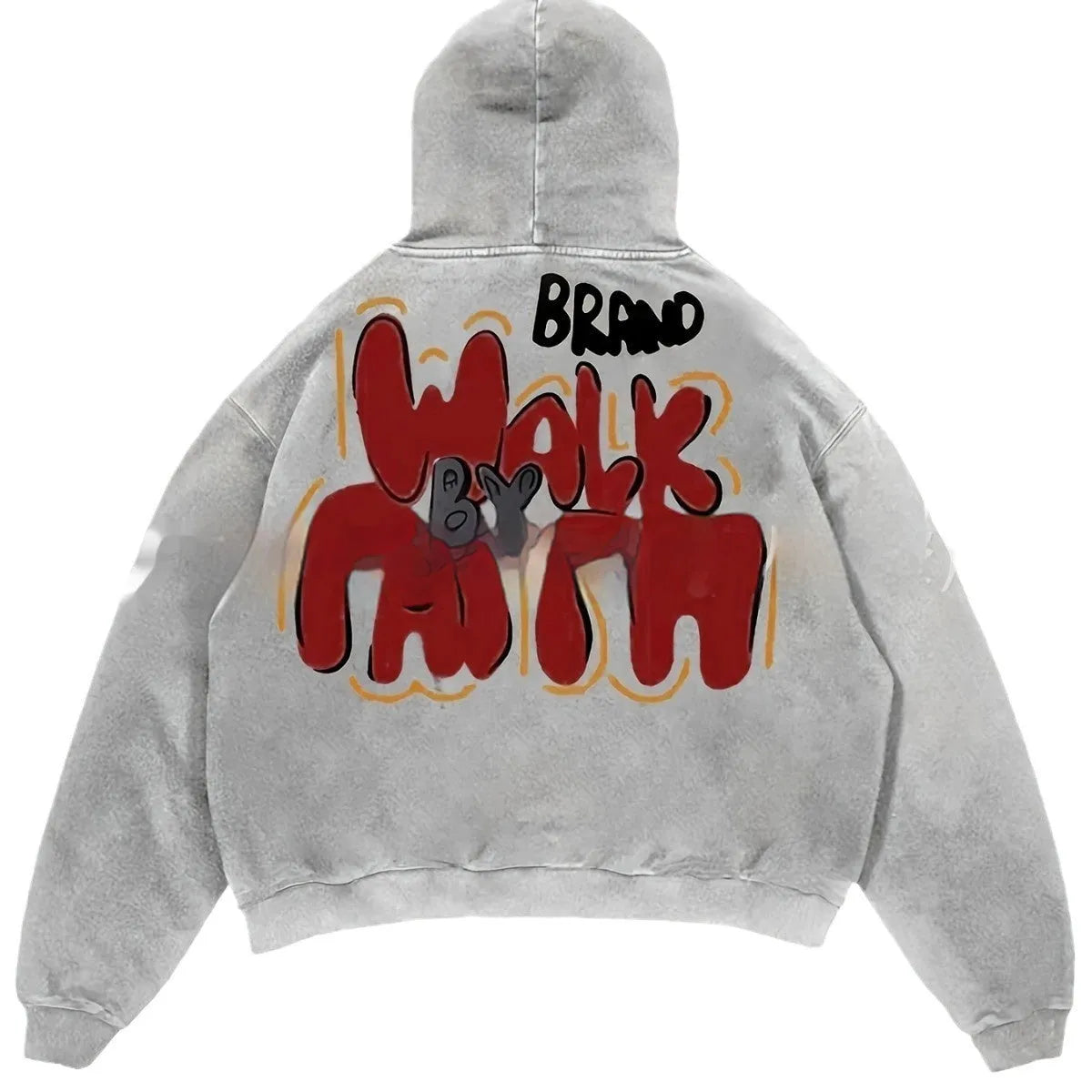 Women's granny grey hoodie with vintage letter print pattern showing front view with pockets